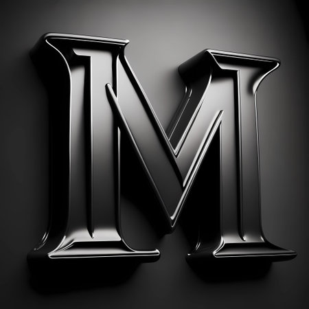 Metal letter M uppercase. Black font on black background. 3D rendering.の素材
