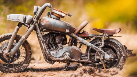 Old motorcycle in the field. Selective focus and shallow depth of field.の素材