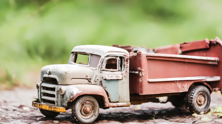 Old toy truck on the road in the countryside. Selective focus.の素材