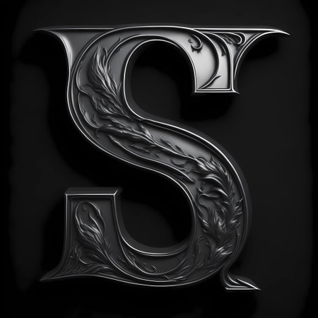 Black metal with ornamented capital letter S. 3D render.の素材
