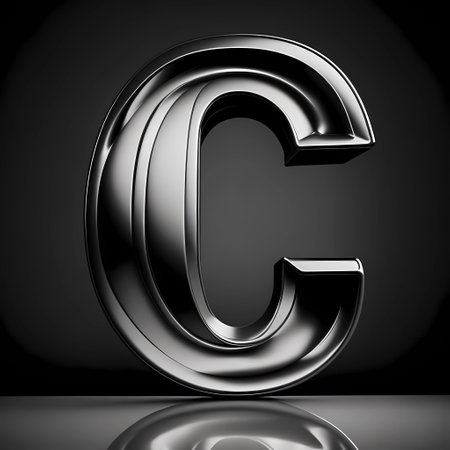 Metal letter C uppercase. 3D render font with reflection on black background.の素材