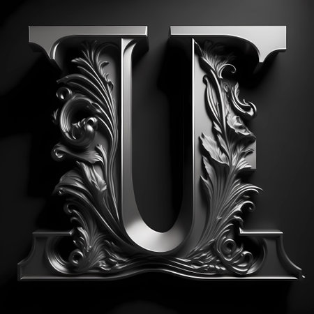 3d render of capital letter U in black with ornamented decorationの素材