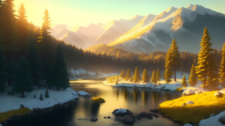3d render of a lake in the mountains at sunset with snowの素材