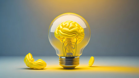 Brain inside of light bulb on grey background. 3D illustration.の素材