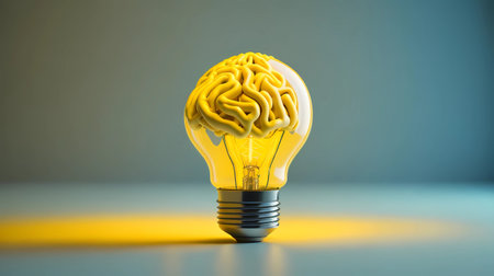 Human brain inside a light bulb on a blue background. 3d illustrationの素材
