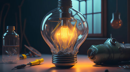 Vintage incandescent lamp on a dark background. 3d renderingの素材