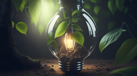 Green plant growing inside of light bulb. Ecology and environment concept.の素材