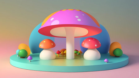 3d render of fantasy mushrooms and easter eggs on colorful backgroundの素材