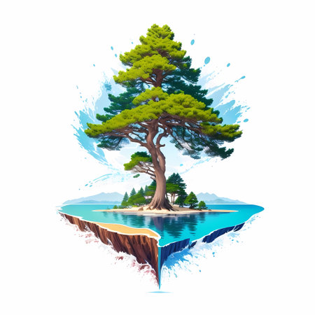 Pine tree on the island in the water. Vector illustration.の素材