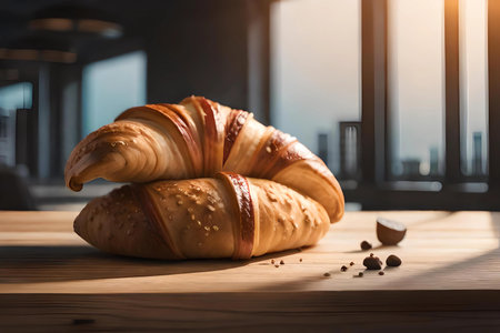 Fresh croissants on a wooden table in the morning sunlight.の素材
