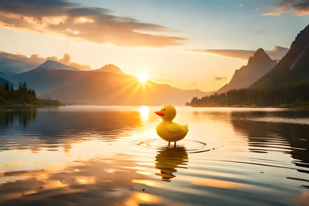 Yellow rubber duck on the lake at sunrise, Glacier National Park, Montana, USAの素材