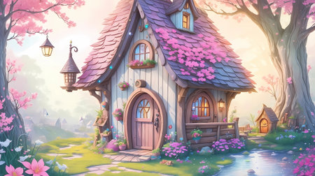 Beautiful fairy house in the forest with pink flowers. generative Ai art illustrationの素材