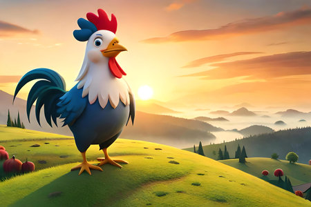 Rooster on the hill in the morning. 3D render.の素材