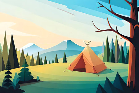 Camping in the mountains. generative Ai art illustrationの素材