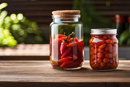 Jars of pickled peppers on wooden table, closeup.の素材