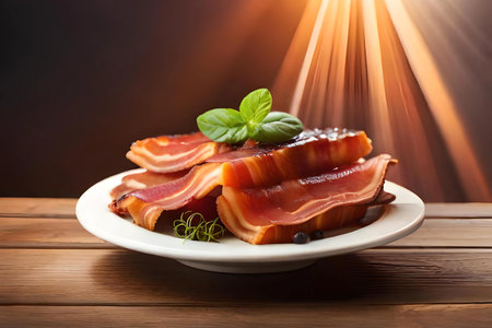 Slices of bacon with basil on a plate on a wooden tableの素材