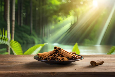 Cinnamon sticks on wooden table with green nature bokeh backgroundの素材