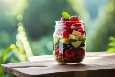 Healthy fruit salad in a jar on wooden table in the gardenの素材