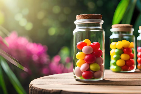 Colorful candies in glass jar on wooden table with nature backgroundの素材
