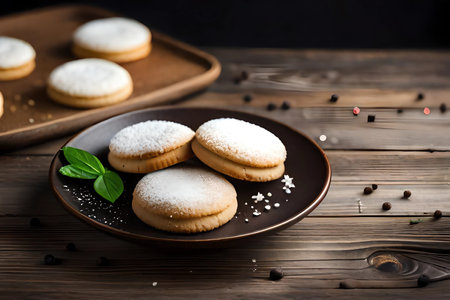 Cookies with powdered sugar on a wooden background. Selective focus.の素材