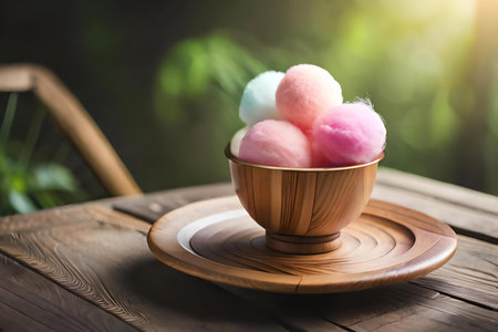 Colorful cotton candy in wooden bowl on wooden table, stock photoの素材