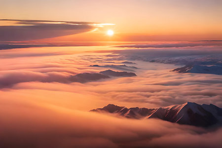 Beautiful sunset above the clouds in the mountains. Caucasus, Russiaの素材