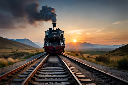 Steam locomotive at sunset in the mountains of Kyrgyzstanの素材
