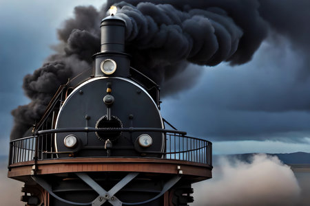 Steam locomotive with black smoke in the sky. 3d renderingの素材