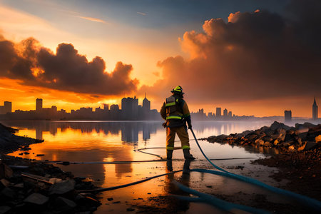Firefighter in action on a construction site with cityscape background.の素材