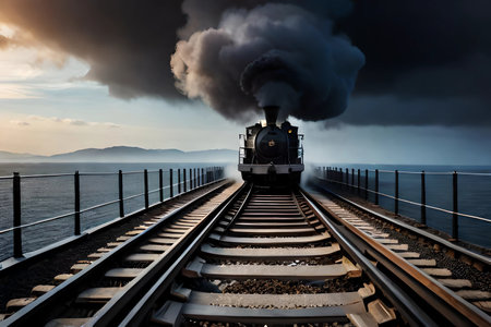 Steam locomotive on the rails of the sea against the background of the sunset.の素材