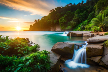 Beautiful sunset at the waterfall on the island of Koh Samui, Thailandの素材
