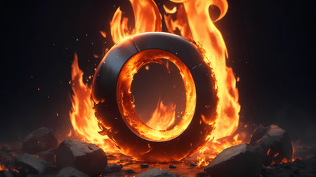 Flaming letter O on a dark background. 3d renderingの素材