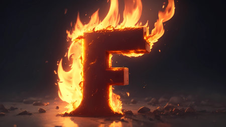Fiery letter F on a dark background. 3d rendering.の素材