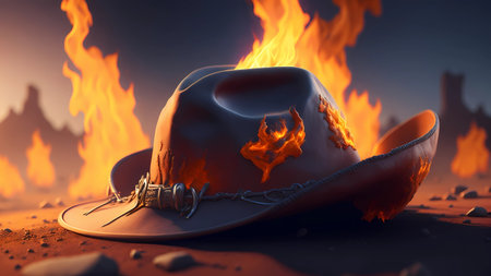 Cowboy hat on a background of fire. 3d illustration.の素材