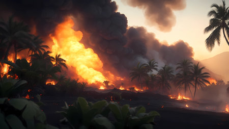 Burning palm trees in the jungle at sunset, 3d renderの素材