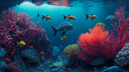 Underwater scene with coral reef and fish. 3D render.の素材