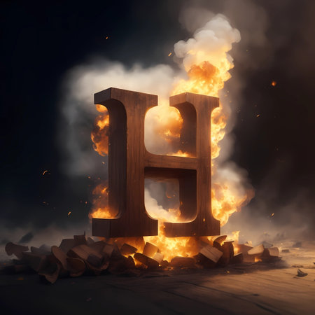 Burning letter H in the dark with smoke. 3d illustrationの素材