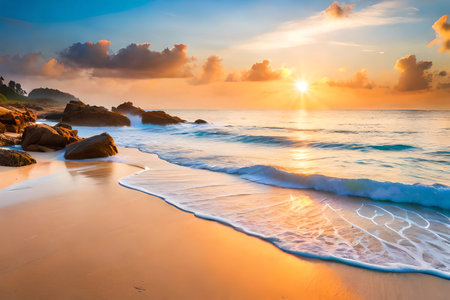 Tropical beach at beautiful sunset in Sri Lanka. Nature backgroundの素材