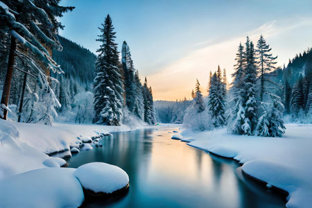 Beautiful winter landscape with a mountain river and coniferous forestの素材