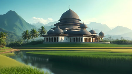 Mosque in the middle of the rice field. 3d renderの素材