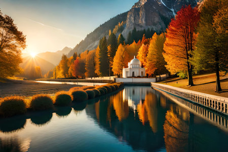 Beautiful autumn landscape in the Dolomites. The church and the lake are reflected in the water.の素材