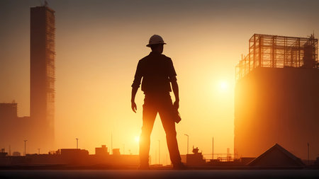 Silhouette of engineer with safety helmet on construction site background.の素材