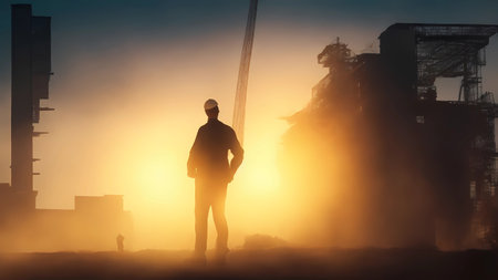 Silhouette of engineer standing on construction site with foggy backgroundの素材