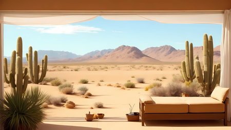 Sofa in the desert. View from the window. 3d renderingの素材