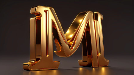 Highly rendering of letter M in gold on dark background. Computer generated 3D photo rendering.の素材