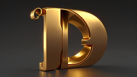 3d rendering of letter D in gold on a dark background.の素材