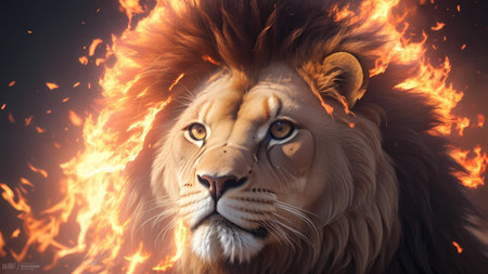 Lion in the fire. 3D rendering. Flames background.の素材
