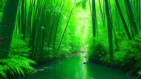 Bamboo forest and river in the morning, Bamboo forest backgroundの素材