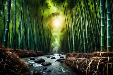 Beautiful bamboo forest with sunlight in the morning. 3d renderingの素材