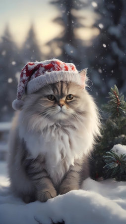 Cute siberian cat in red christmas hat sitting in snowの素材